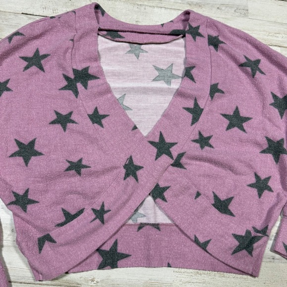 Self Esteem Star Print Cropped Wrap Sweater Lilac & Gray Juniors Size Small - Picture 2 of 8